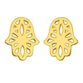 Złote kolczyki z ażurową ręką Fatimy