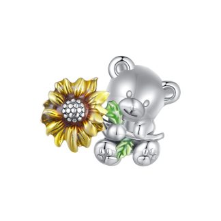 Miś z kwiatem słonecznika srebrny charms koralik beads