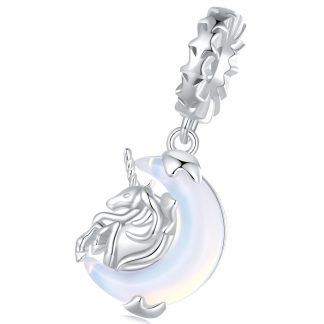 Błękitny księżyc z jednorożcem srebrny charms zawieszka beads