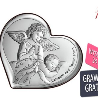 Obrazek srebrny aniołek czuwający nad dzieciątkiem 16*14 cm