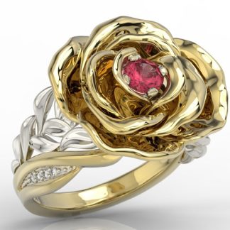 Pierścionek z żółtego i białego złota w kształcie róży z rubinem i cyrkoniami AP-95ZB-C