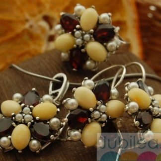 Srebrny komplet bursztyny, perły i granaty MARIANO