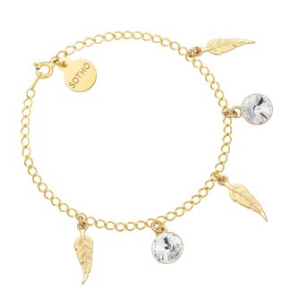 Złota bransoletka z piórkami i bezbarwnymi kryształami SWAROVSKI® CRYSTAL