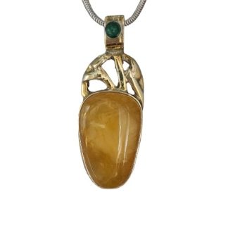 Srebrna zawieszka pozłacana z żółttym bursztynem i zielonym  agatem