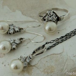 PIRAMIDA - srebrny komplet perła i cyrkonie