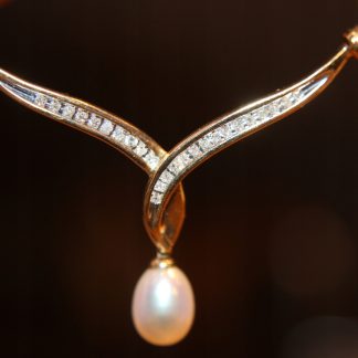 Złoty 14k naszyjnik diamenty perła certyfikat