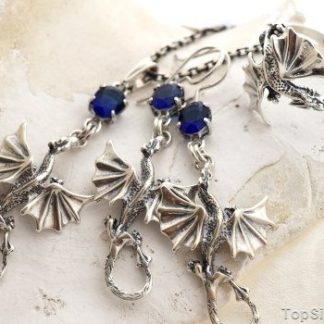 DRAGON - srebrny komplet smoki z szafirem