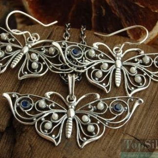 MOTYLE - srebrny komplet szafiry i perły