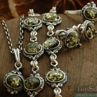 LUNGA - srebrny komplet z bursztynem