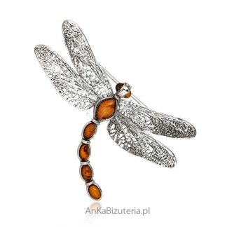 Broszka srebrna ważka z bursztynem