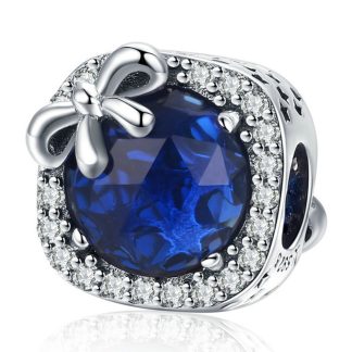 Srebrny charms niebieski kryształ ozdobiony kokardką koralik beads