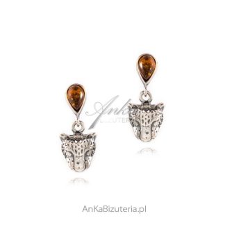 Kolczyki srebrne tygrysy z bursztynem