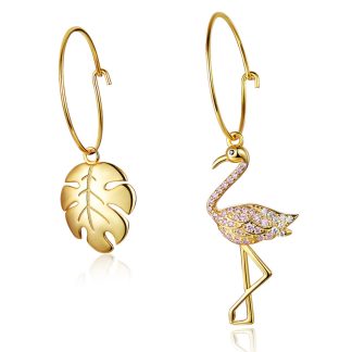 Srebrne kolczyki flaming i liść monstery pozłacane sztyfty srebro 925