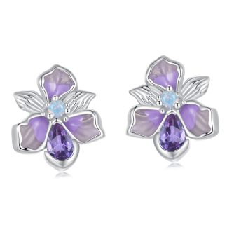 Srebrne kolczyki fioletowe kwiaty irysy sztyfty srebro 925