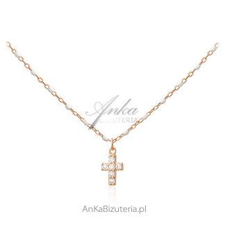 Srebrny naszyjnik pozłacany różowym złotem z białą emalią i cyrkoniami krzyżyk