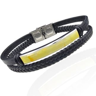 Bransoletka podwója z plecionej skóry i bursztynu biało-żółtego