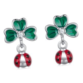 Srebrne kolczyki czterolistne koniczynki z biedronkami sztyfty srebro 925