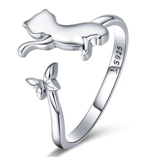 Srebrny pierścionek regulowany z kotkiem i motylem srebro 925