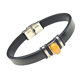 Bransoletka ze stali szlachetnej z żółtym bursztynem i skóry