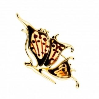 Broszka srebrna pozłacana grawerowana ważka z bursztynem