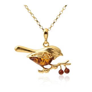Biżuteria srebrna pozłacana z bursztynem -skowronek - zawieszka srebrna
