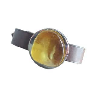 Bransoletka srebrna z bursztynem na brązowym pasku se skóry