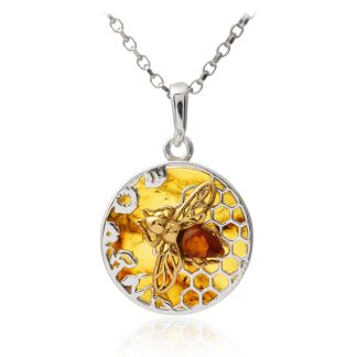 Srebrna zawieszka z bursztynem z pozłacaną pszczółką