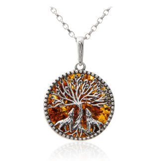 Srebrna zawieszka z bursztynem  - wilczy szept drzewa życia