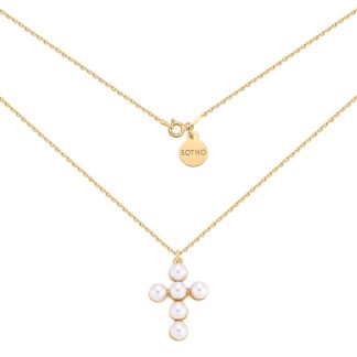 Złoty naszyjnik z krzyżem zdobionym perłami : Długość - 50 cm