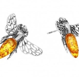 Piękne kolczyki srebrne  z bursztynem pszczółki