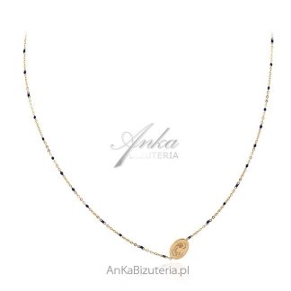 Naszyjnik srebrny pozłacany z madonną i emaliowanymi granatowymi koralikami