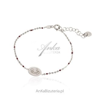 Srebrna bransoletka z bordową emalią i madonną
