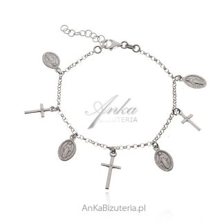 Bransoletka srebrna z medalikami matka boska cudowna i krzyżyki