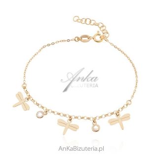 Bransoletka srebrna ważki pozłacana z kryształkami swarovski