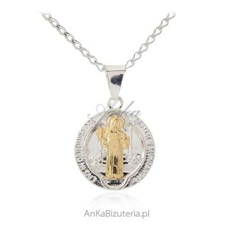Medalik srebrny św. benedykt z pozłacany