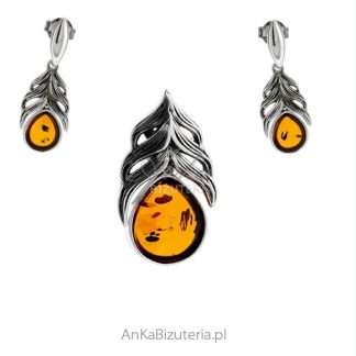 Biżuteria srebrna komplet z bursztynem listki