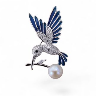 Broszka srebrna z cyrkoniaki i perłą koliber