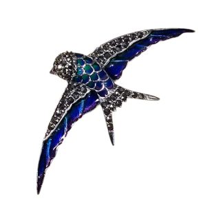 Broszka srebrna z markazytami i kobaltowo- fioletową emalią   jaskółka