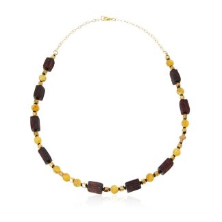 Naszyjnik srebrny pozłacany  z pięknymi bursztynami - wiśnia satynowa przecierana, kulka cytrynowa fasetowana