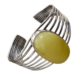 Bransoletka srebrna z dużym żółtym bursztynem bangle