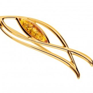 Broszka srebrna pozłacana z bursztynem wiśniowym z łuską