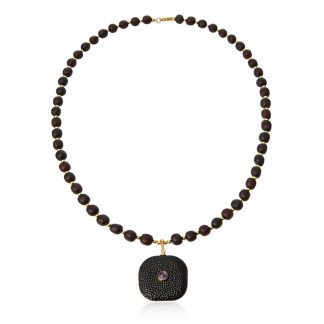 Naszyjnik “ciemna wiśnia z gdańska” – srebro pozłacane z bursztynem i ametystem