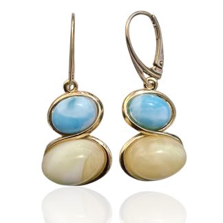 Kolczyki srebrne pozłacane z larimarem i mlecznym bursztynem  "aurora larima"