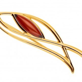 Broszka srebrna pozłacana z bursztynem wiśniowym