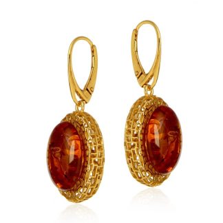 Kolczyki srebrne pozłacane z koniakowym bursztynem  - złota kropla bursztynowego światła