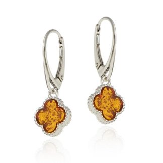 Kolczyki srebrne z koniakowym bursztynem koniczynki