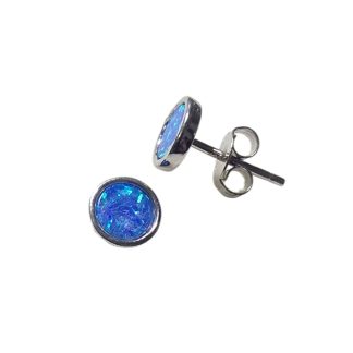 Kolczyki srebrne z niebieskim opalem płaskie kółeczka