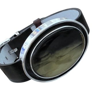 Piękna oryginalna bransoletka srebrna na skórzanym pasku z czarno-zielonym  bursztynem  cudo!