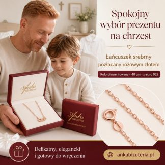 łańcuszek srebrny pozłacany różowym złotem rolo diamentowany