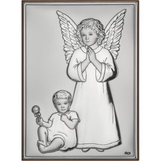 Obrazek srebrny aniołek z dzickiem pamiątka chrztu , roczek 10*14 cm